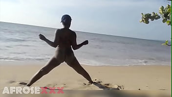 Ebony Woman Doing Some Exercise Naked On The Beach free video